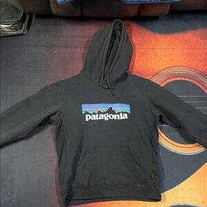 Patagonia Black Hoodie with Blue and Purple Logo